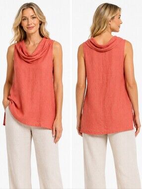 Chalet et Ceci 100% Linen Cowl Neck Tank Top Women Coral Red Lagenlook Size M
